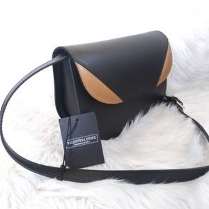 NWT Valentina Fiore Italian Black and Brown Leather Crossbody